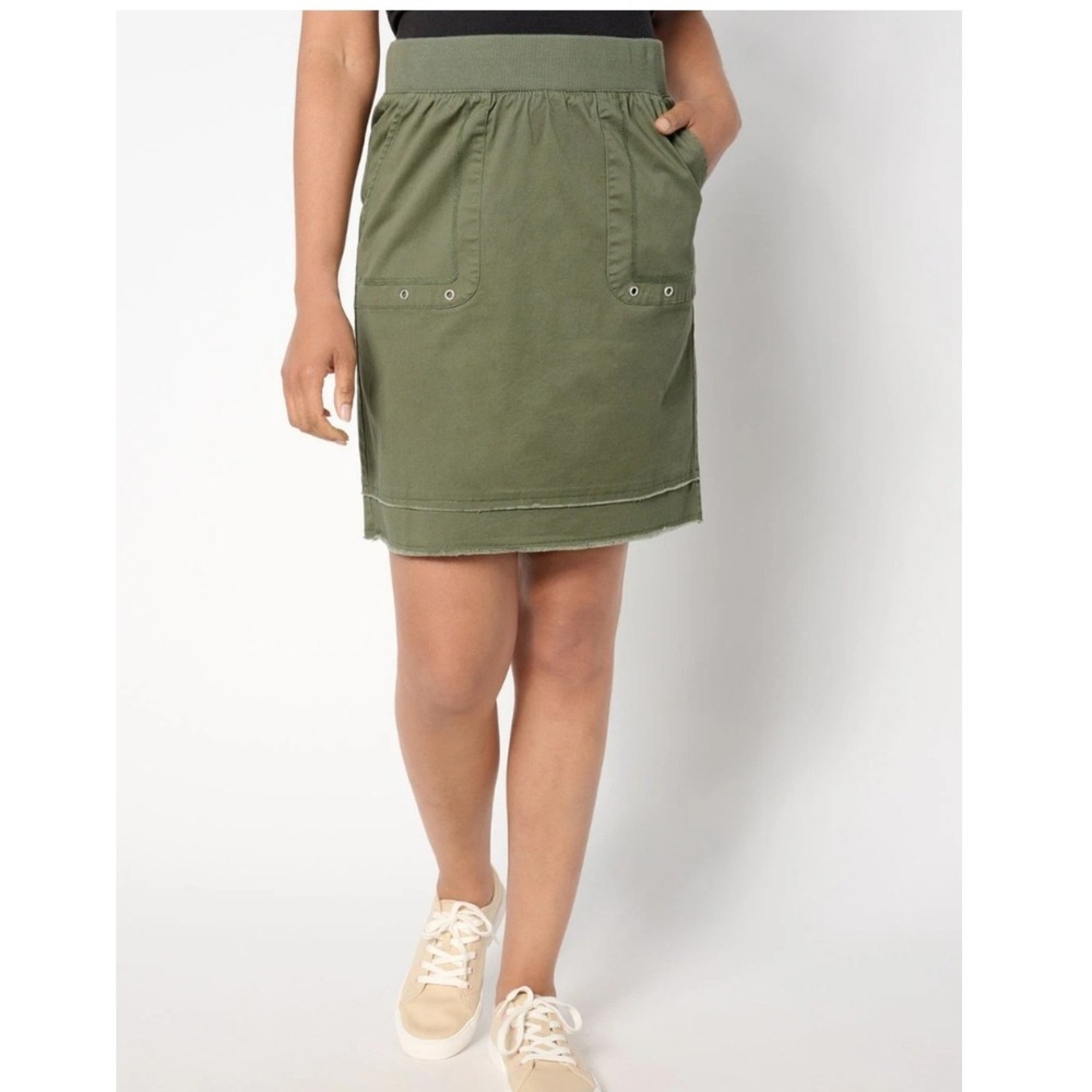 Denim & Co Petite EasyWear Twill Skirt Dark Olive Raw Hem 3X Utility Mini